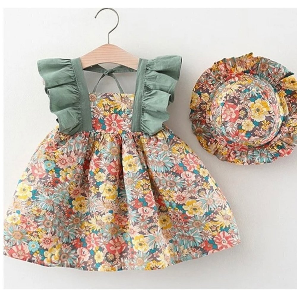 2T Floral Ruffled Cotton Little Girl Dress & Hat